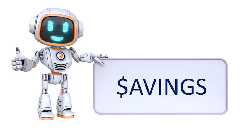 RAM Bot our mascot showing a sign that says savings