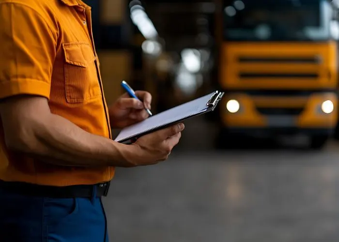 Person looking at checklist in front of truck