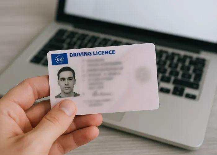 Person holding their driving licence in front of a laptop 