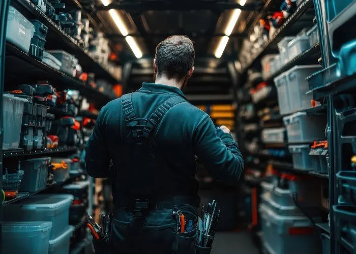 Person in the back of a van looking at tools