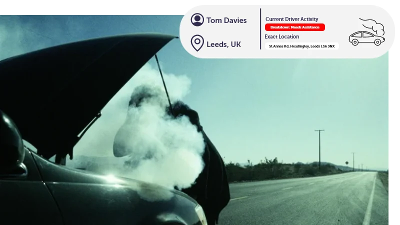 Driver looking at their vehicle, the car bonnet is open with smoke coming out. Top right there is information saying that the driver needs assistance.