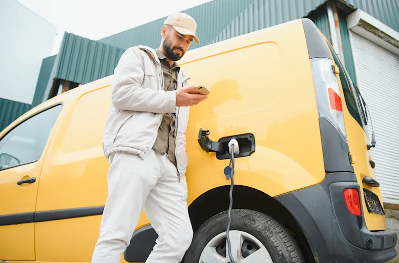 Delivery driver charging his van at the charging station outside his business premises