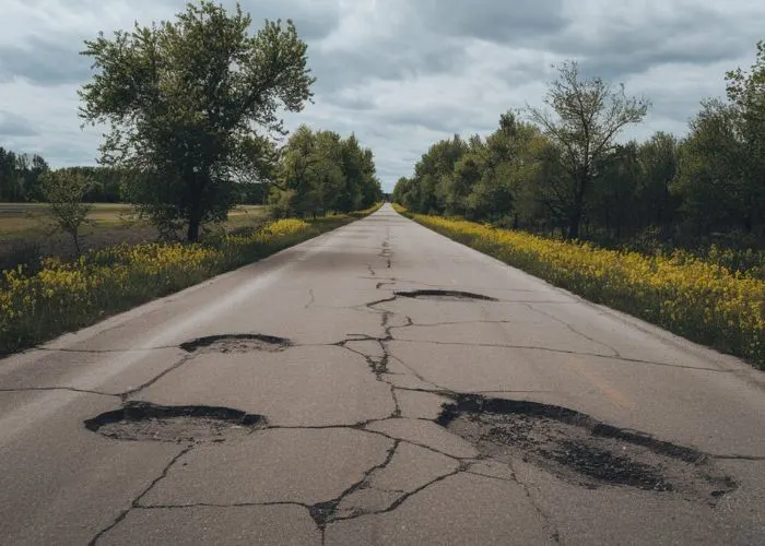 image of a road with a pothole in it 