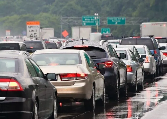Cars stuck in traffic in the rain