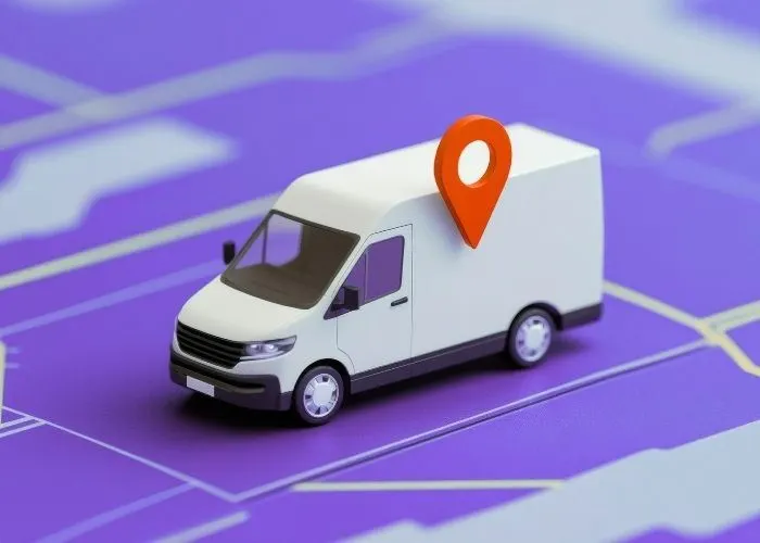 A miniature delivery van with a location pin on a map, symbolising logistics and navigation in transportation