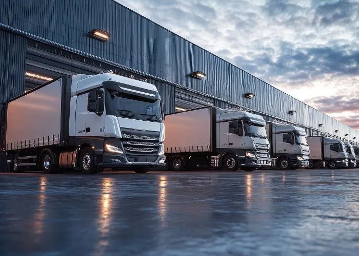 Row of trucks lined up at a depot