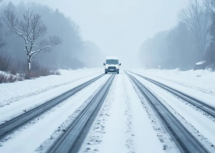 White van driving on a snowy road