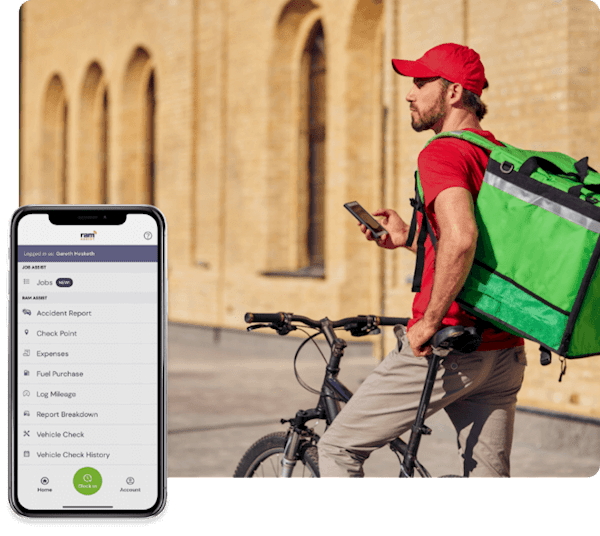 image of a courier on his way to delivering on his next job assigned to him via the job sheets in his app which is also pictured inset.