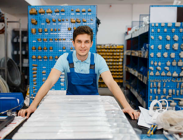 plumber looking at his stock of parts to make sure he has the right items to take to his jobs on his list.