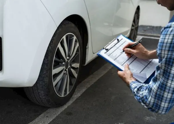 Person checking their clipboard whilst checking their vehicle