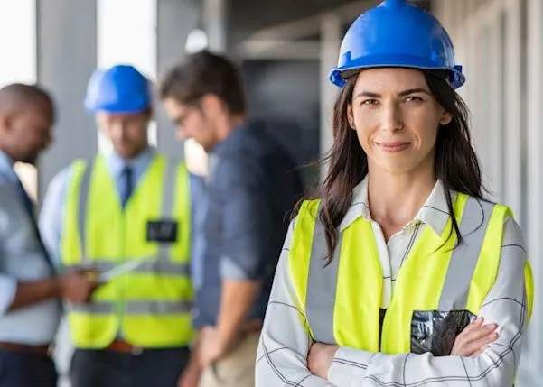 Woman in a high-vis and hard hat stood in front of a group of men talking