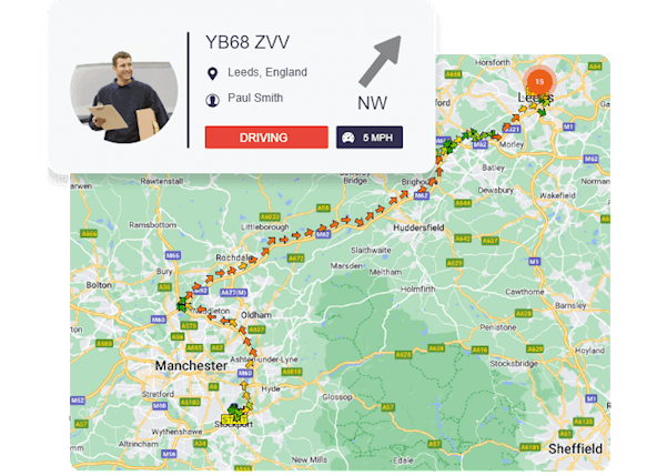 Route Replay on the RAM Tracking live map showing the driver as well as the direction they are travelling, that they are driving and that they are driving at 5 miles per hour