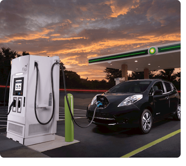 image of an electric car being charged on a bp forecourt
