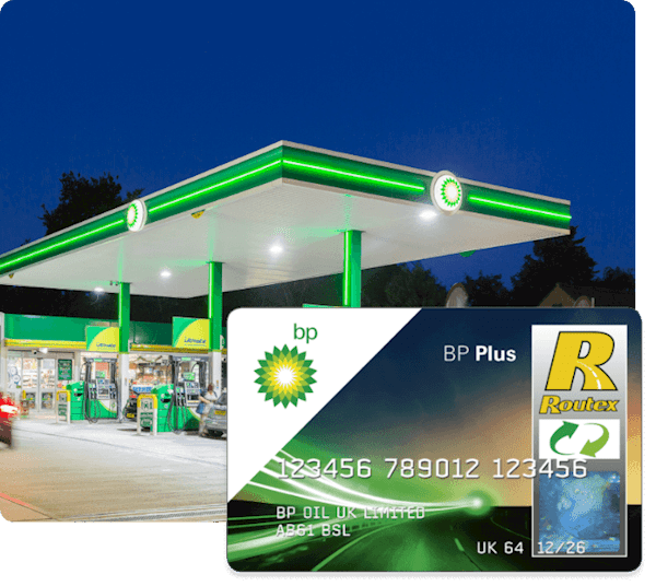 image of a pb forecourt and inset a picture of the bp fuel card