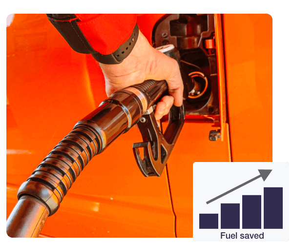 Man filling up his orange van with petrol with a Fuel Saved Bar graph which is gradually growing in the bottom right of the image