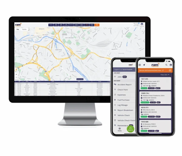 Apple Mac showing the RAM Tracking live map and two iPhones showing the RAM Tracking and RAM Assist apps