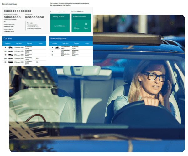 Woman driving a car with a licence summary in the top left