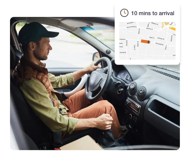 A delivery man is driving his van and in the top right there is the RAM Tracking live map which says that the vehicle will be arriving in 10 minutes
