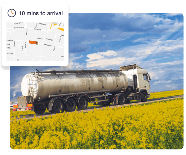 A truck carrying a large cylindrical drum is driving on the road - in the top left of the image there is a view of the RAM Tracking live map, where the truck is and it says that they will be arriving in 10 minutes