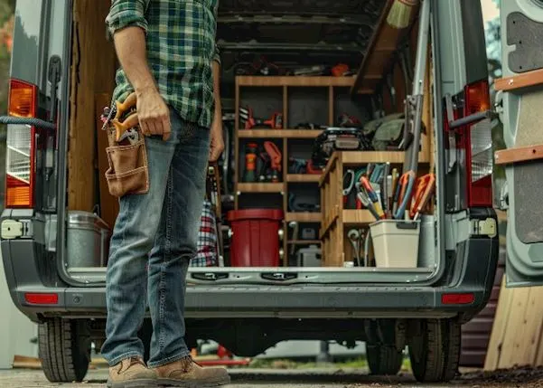 Person stood in front of their van which is full of electrician tools