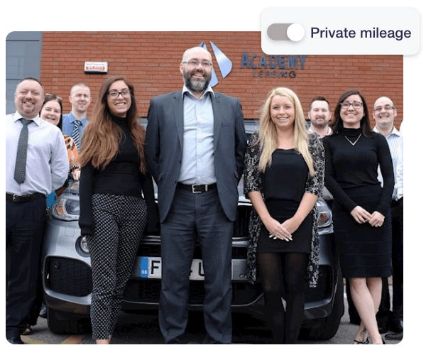 Male and female employees from Academy Leasing are stood in front of a car in front of their office - in the top right of the image there is a slider option to turn Private Mileage on or off