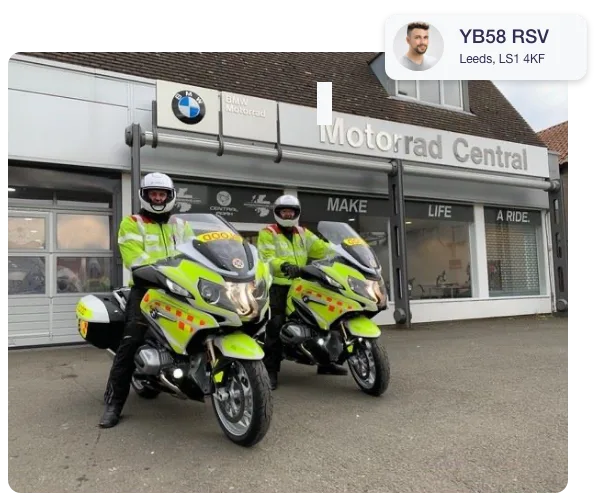 Two Cumbria Blood Motorcyclists are sat on their motorbikes in front of Motorrad Central and in the top right there is a driver photo, the licence plate number and their address