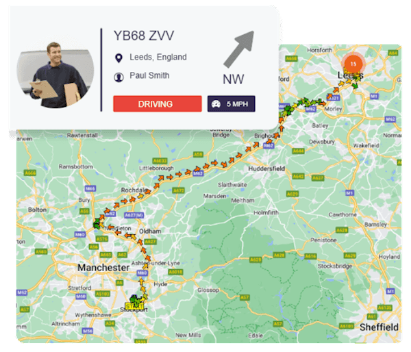 RAM Tracking live map showing Route Replay with information about the driver in the top left corner - driving at 5MPH going North West