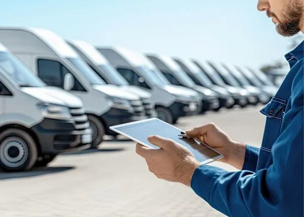 Person using a tablet in front of a row of white vans