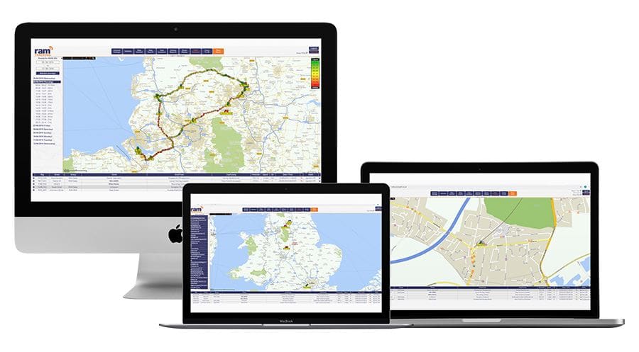 Two laptops and a desktopall showing RAM Tracking's Live Map