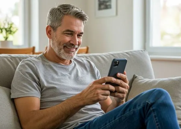 Person holding their phone in a living room