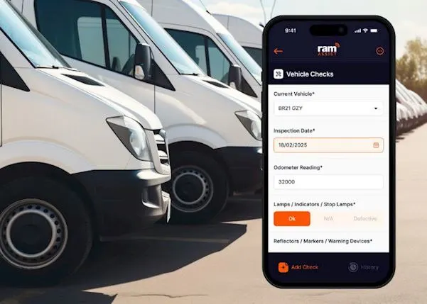Row of white vans with a mobile image of the vehicle checks feature of the RAM Assist app
