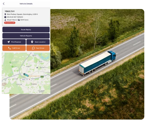 Truck on the road with an inset of our mobile app showing its whereabouts  in the country.