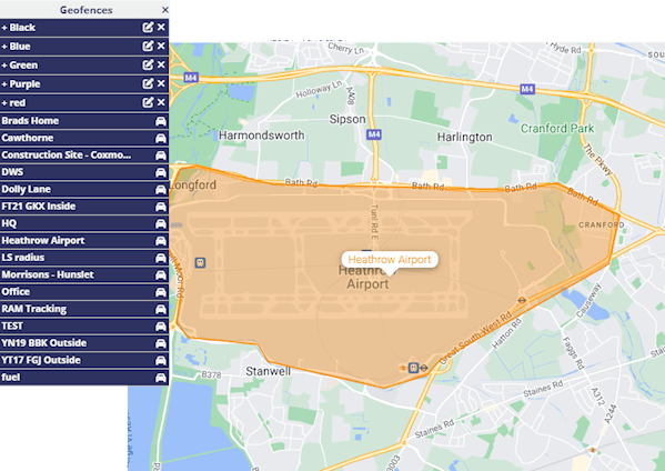 Example of a polygon geofence around heathrow airport in case any tracked vehicle is taken off site