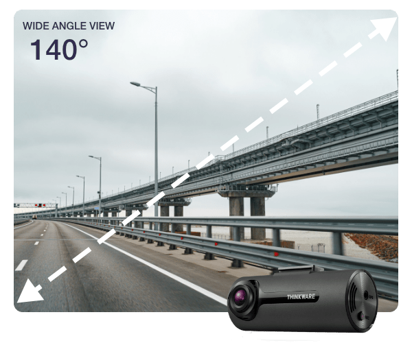A Thinkware dash cam showing the power of the 140 degree wide-angle lens