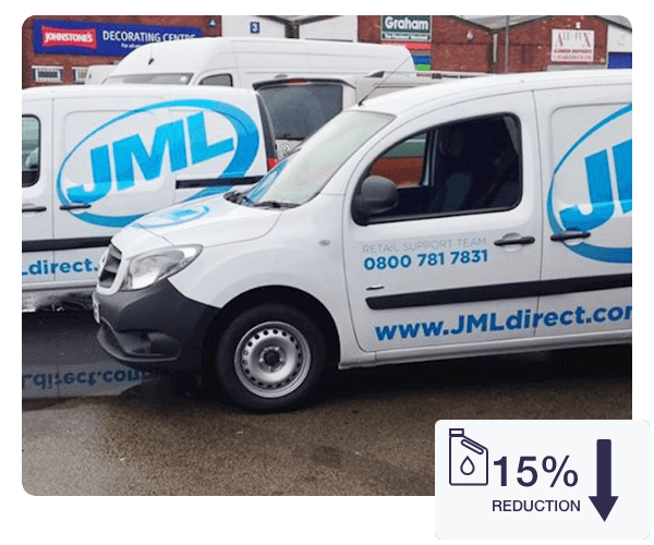 JML Vehicle are parked next to each other - in the bottom right of the image there is a visual saying "15% reduction" referring to their fuel costs