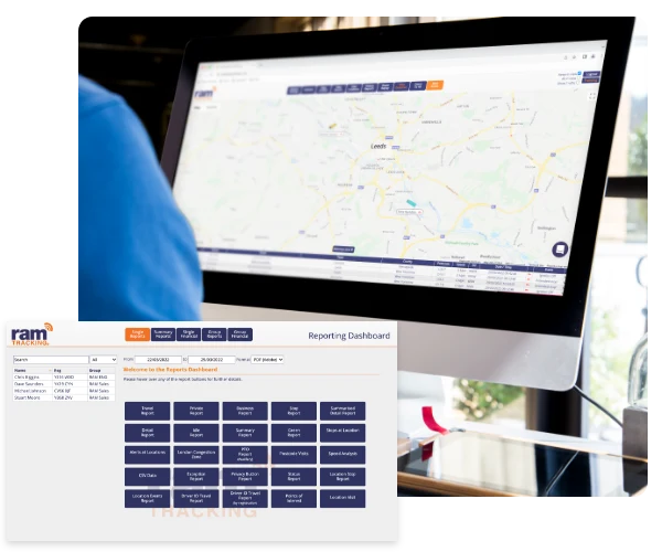 Man using a computer to view the Live Map and Live Grid and the reporting feature on RAM Tracking is shown on the bottom left of the photo