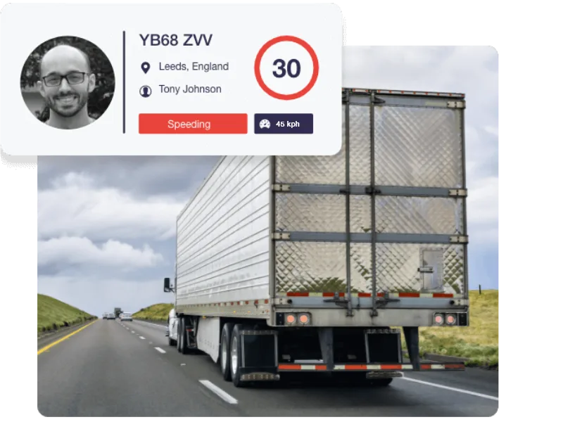 A white lorry - in top left the vehicle tracking software shows the driver is speeding