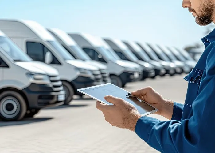 Person stood in front of a row of vans looking at a tablet