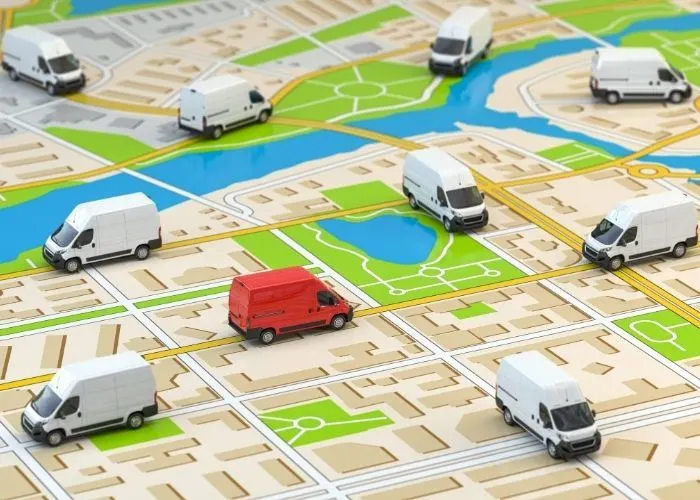 Miniature vans on a map