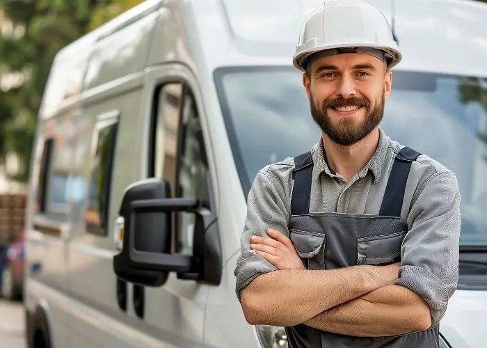 Person in a hard hat stood in front of a white van