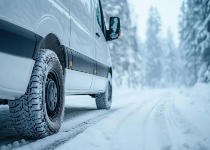 White van driving on a snowy road