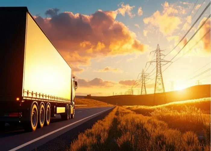 Truck driving into the sun set