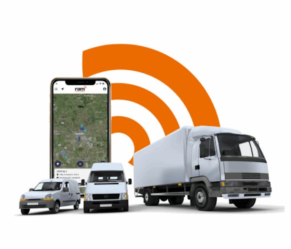 3 different vehicles in front of an iPhone showing the RAM Tracking mobile app