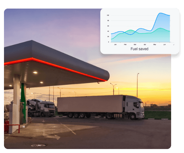 A truck at a petrol station and in the top right of the image there is a graph showing Fuel Saved over time