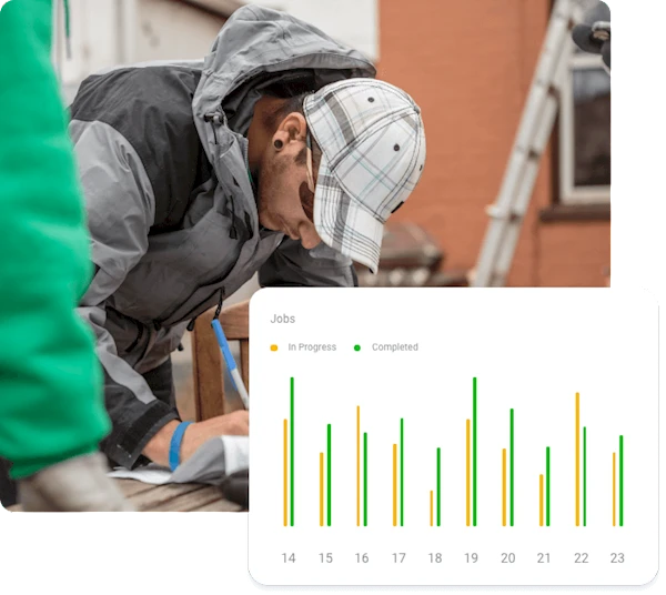 Image showing a man working on some plans with a simulation of the interface showing what stage jobs are at.