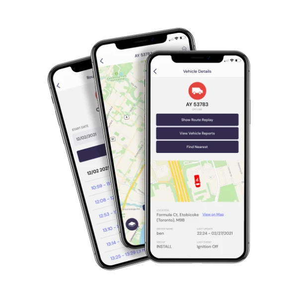 Three mobile phones showing our vehicle tracking app