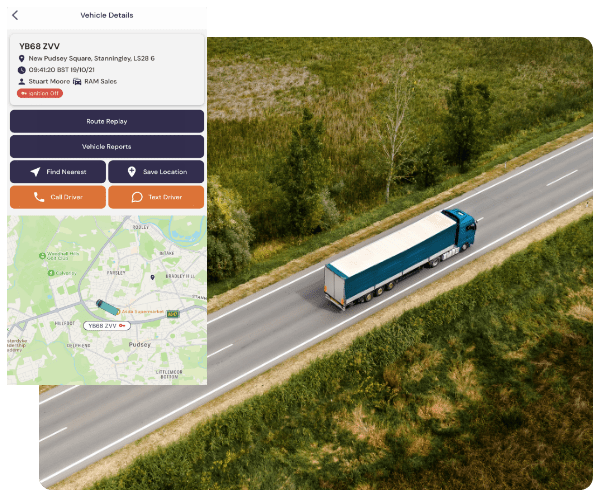 A blue and white lorry is driving down the road. In the top left there is an example of how the RAM Tracking mobile app looks like