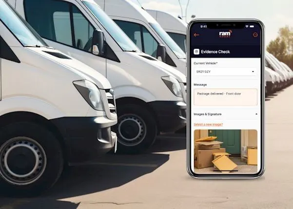 row of white vans with an image of the RAM Assist app in the corner