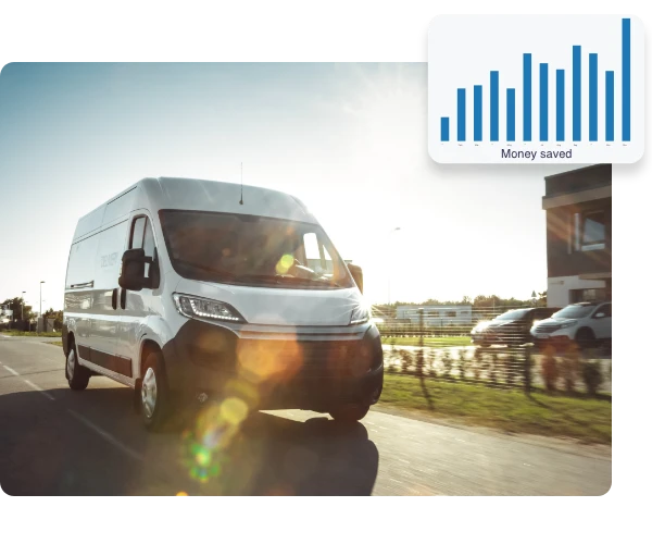 Van driving with money saving chart displayed