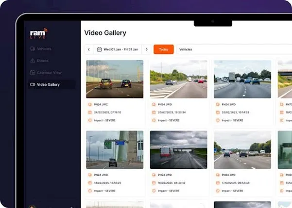 RAM Live desktop web app showing incidents on one screen and one the other showing the footage that has been recorded.